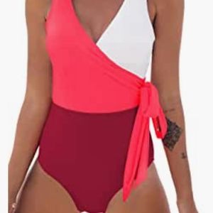 NWT CUPSHE One Piece Swimsuit Wrap Side Tie Color Block Monokini Pink White L